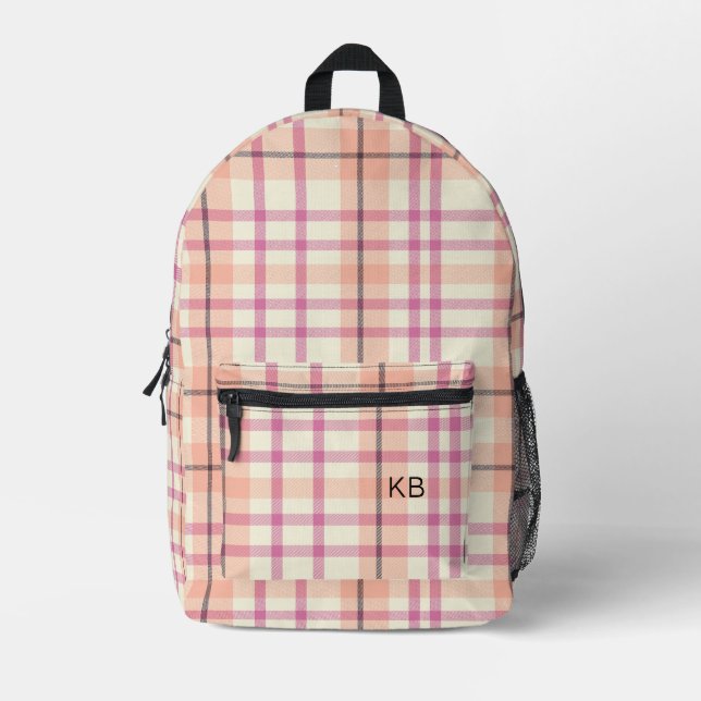 Pink Peach Plaid Tartan Check Monogram Initials Printed Backpack (Front)