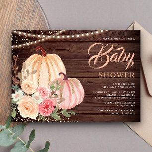 Pink Peach Pumpkin Floral Barn Wood Baby Shower Invitation