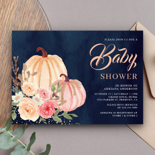 Pink Peach Pumpkin Floral Navy Blue Baby Shower Invitation