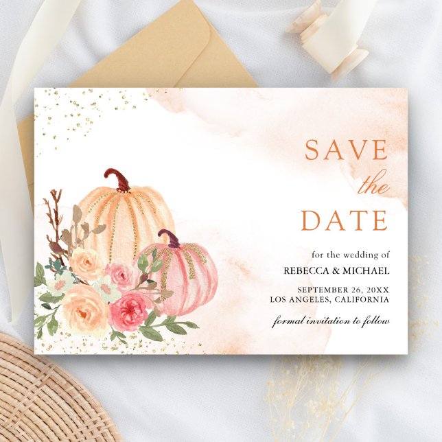 Pink Peach Pumpkin Floral Wedding Save The Date (Creator Uploaded)