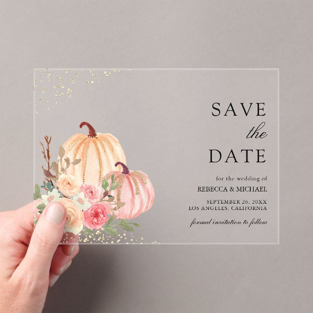 Pink Peach Pumpkin Floral Wedding Save the Date Acrylic Invitations (Insitu (Handheld))