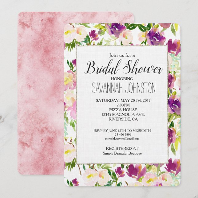 Pink Peach Purple Burgundy Floral Bridal Shower Invitation (Front/Back)