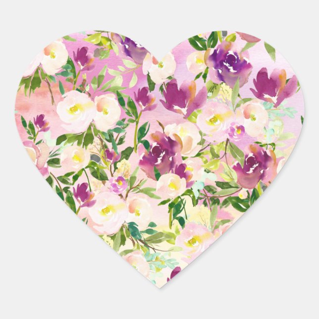 Pink Peach Purple Burgundy Watercolor Floral Heart Sticker (Front)