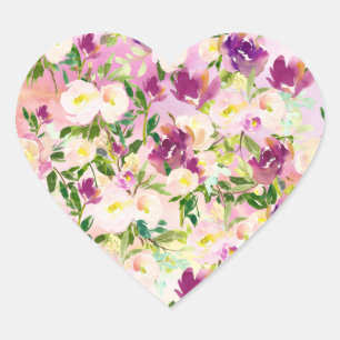 Pink Peach Purple Burgundy Watercolor Floral Heart Sticker