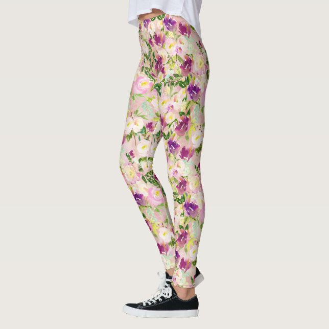 Pink Peach Purple Burgundy Watercolor Floral Leggings (Left)