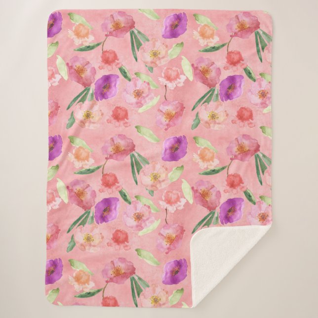 Pink Peach Purple Garden Floral Sherpa Blanket (Front)