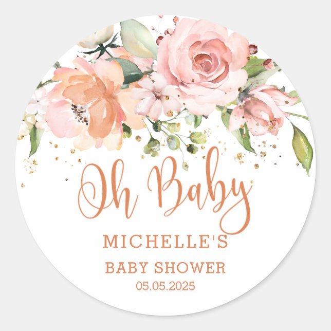 Pink peach roses, confetti Baby Shower Classic Round Sticker (Front)