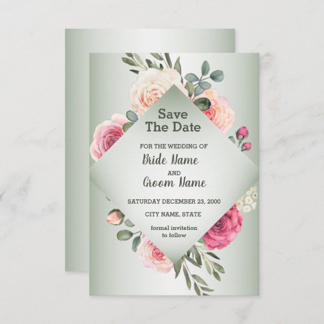 Pink Peach Roses Rustic Green Geometric Save The Date (Front/Back)