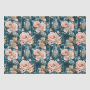 Pink Peach Roses Teal Maximalist Floral Tissue Paper