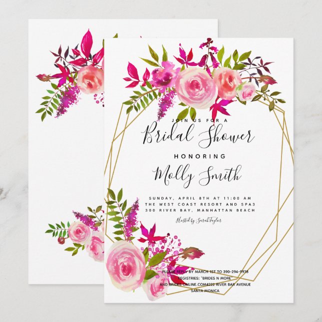 Pink Peach Roses Watercolor Flowers  Bridal shower Invitation (Front/Back)