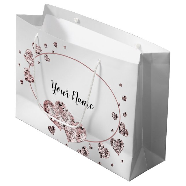 Pink Peach Shiny Hearts Geometric Elegant Large Gift Bag (Front Angled)
