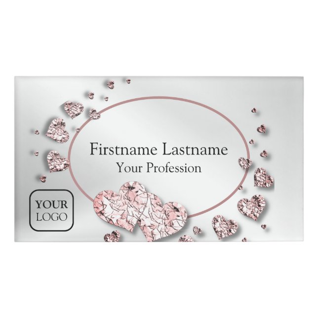 Pink Peach Shiny Hearts Geometric Elegant Name Tag (Front)