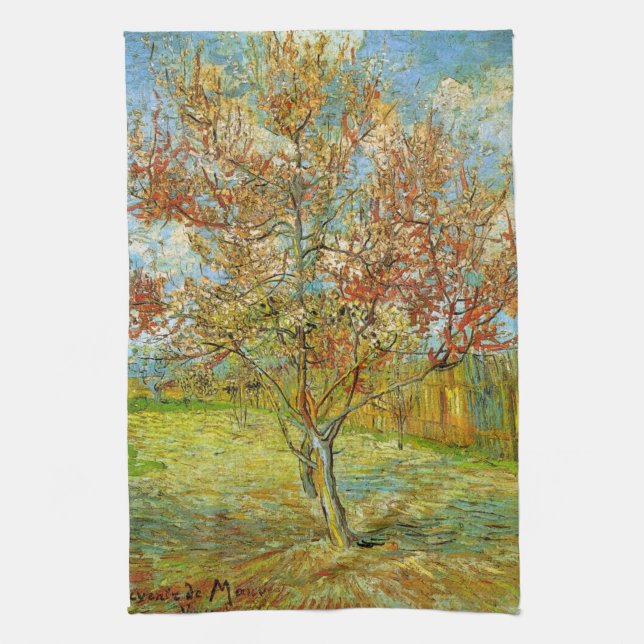 Pink Peach Tree in Blossom by Vincent van Gogh Tea Towel (Vertical)