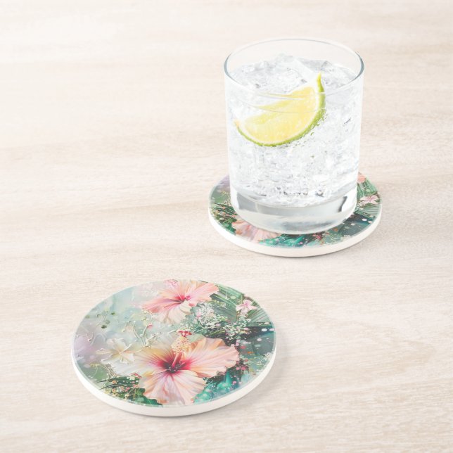Pink Peach Tropical Hibiscus Floral Birthday Coaster (Side)