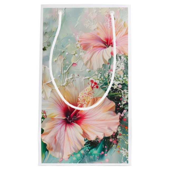Pink Peach Tropical Hibiscus Floral Birthday Small Gift Bag (Front)