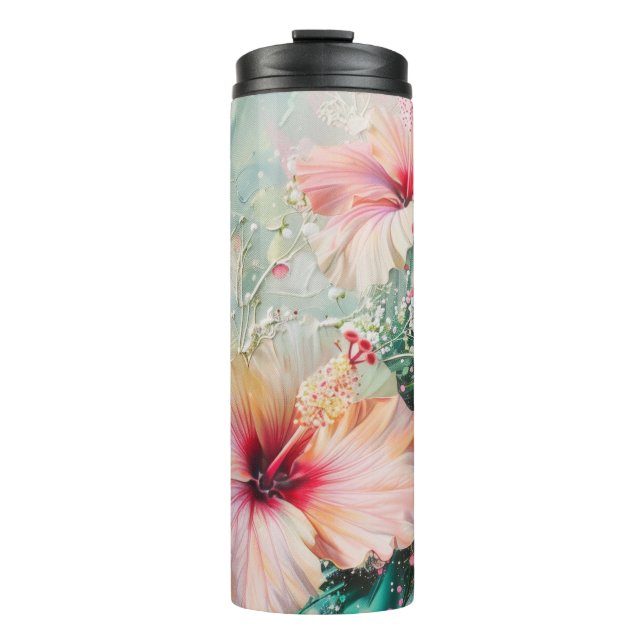 Pink Peach Tropical Hibiscus Floral Birthday Thermal Tumbler (Front)