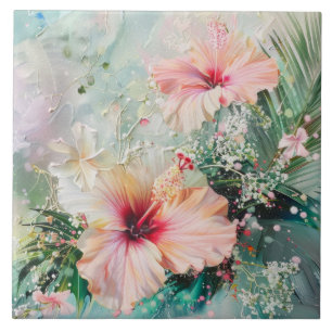 Pink Peach Tropical Hibiscus Floral Birthday Tile