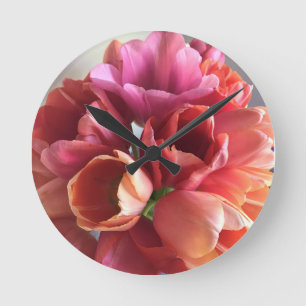 Pink & Peach Tulip Bouquet Round Clock