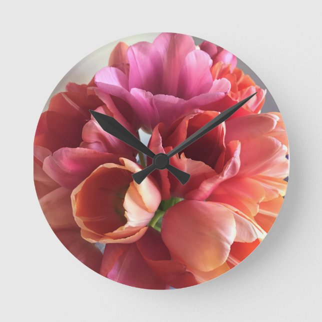 Pink & Peach Tulip Bouquet Round Clock (Front)