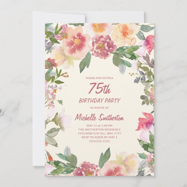 Pink Peach Watercolor Floral 75th Birthday Invitation (Front)