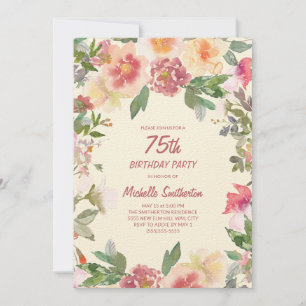Pink Peach Watercolor Floral 75th Birthday Invitation