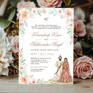 Pink Peach Watercolor Floral Floral Sikh Wedding Invitation