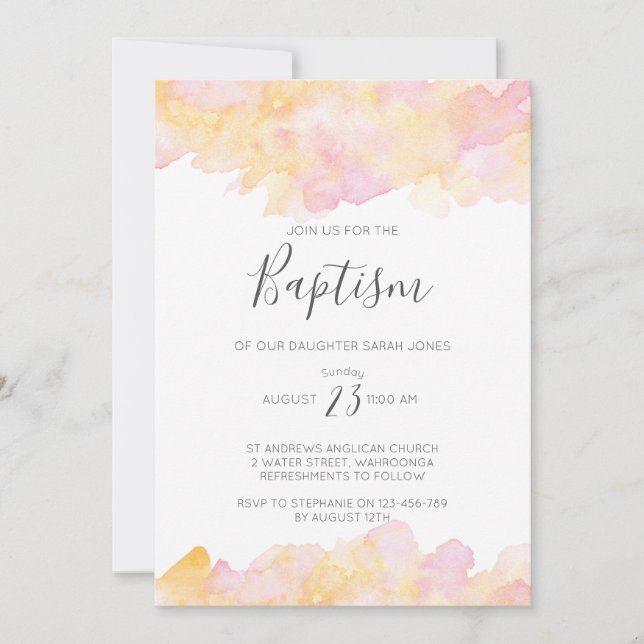 Pink & Peach watercolour Baptism invitation (Front)