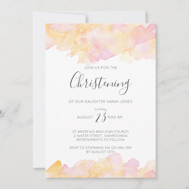 Pink & Peach watercolour Christening invitation (Front)