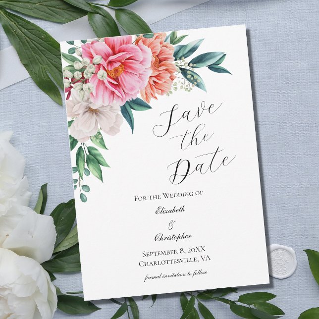 Pink Peach White Floral Peony Elegant Wedding Save The Date (Creator Uploaded)