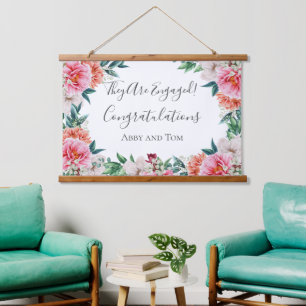 Pink Peach White Floral Peony Engagement Banner Hanging Tapestry