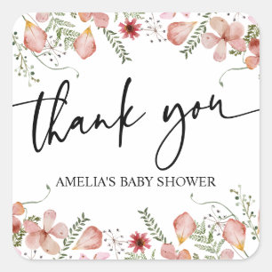 Pink Peach Wildflowers Baby Shower Thank You Square Sticker