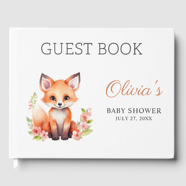 Pink Peach Woodland Fox Baby Shower Guest Book (Front)