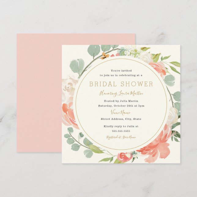 Pink Peach Wreath Floral Bridal Shower Invitation (Front/Back)