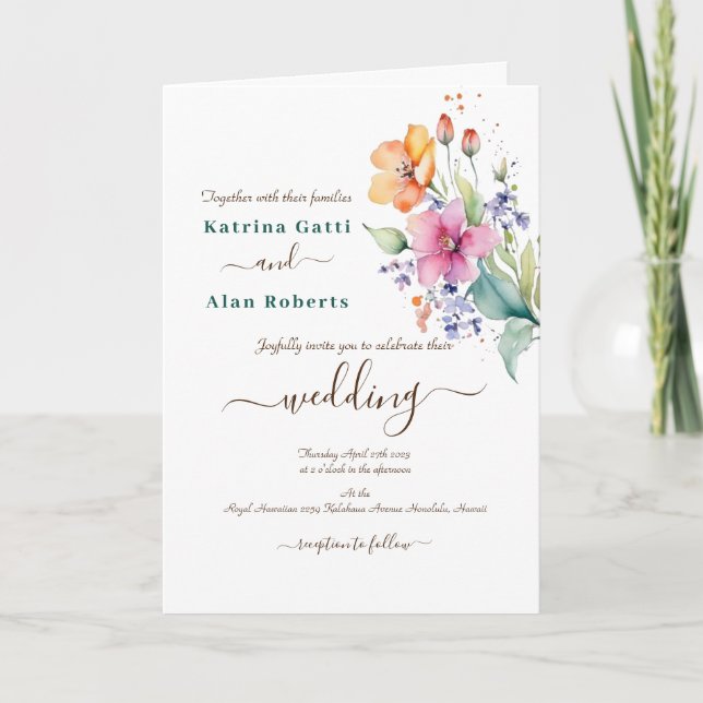 Pink Peach Yellow Blooms Peach Folded Invitation (Front)