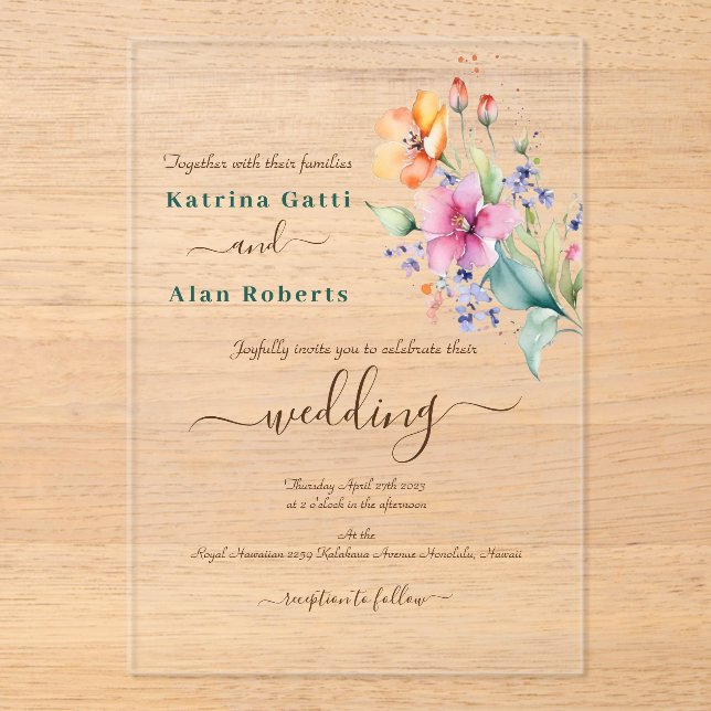 Pink Peach Yellow Blooms Wedding Invitation (Front)