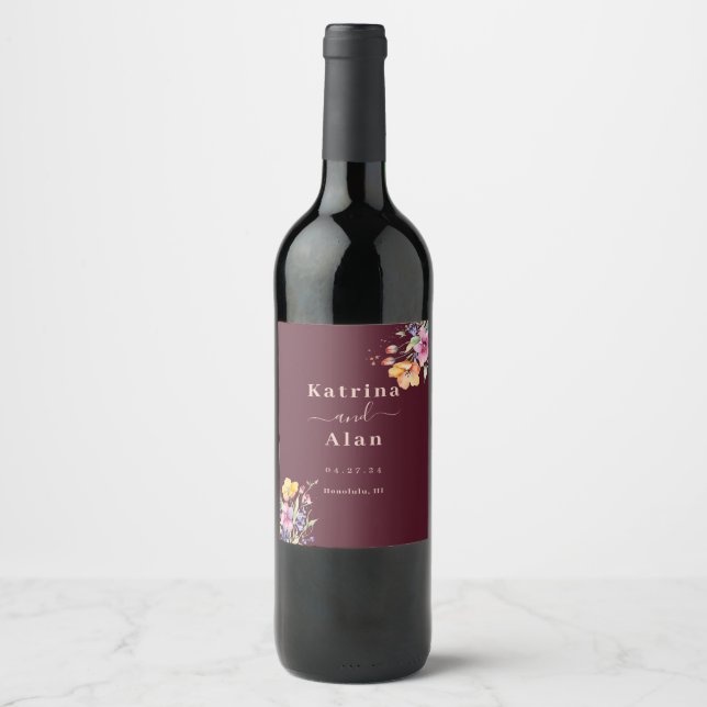 Pink Peach Yellow Blooms Wine Label (Front)
