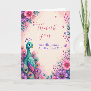Pink Peacock Birthday Thank You Card