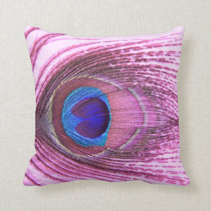 Pink peacock feather heart cushion