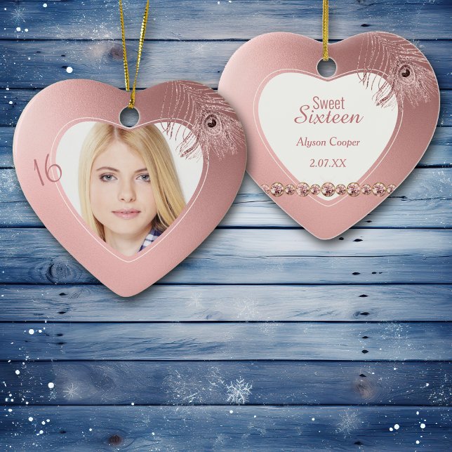 Pink Peacock Feather Photo Template Sweet Sixteen Ceramic Tree Decoration (Creator Uploaded)