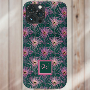 Pink Peacock Feathers and Monogram on Deep Green Case-Mate iPhone Case