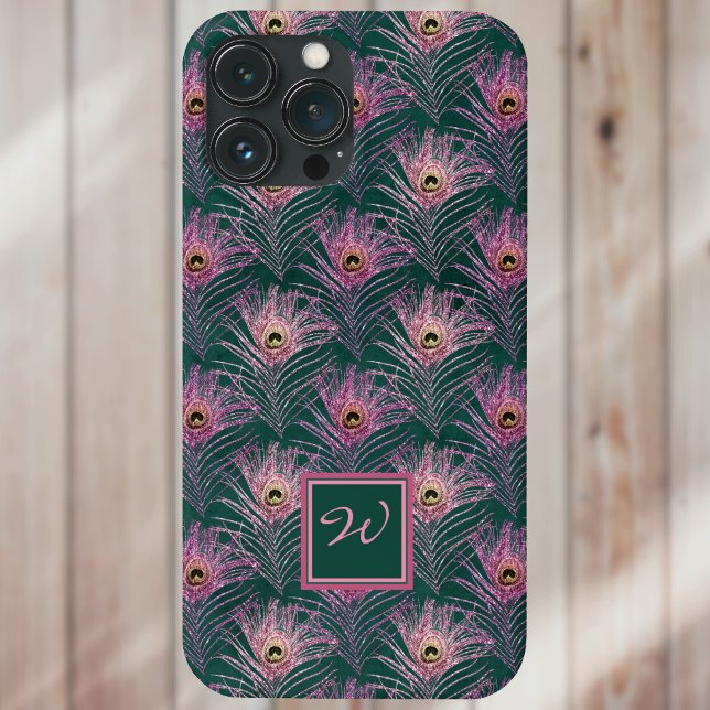 Pink Peacock Feathers and Monogram on Deep Green Case-Mate iPhone Case (Creator Uploaded)