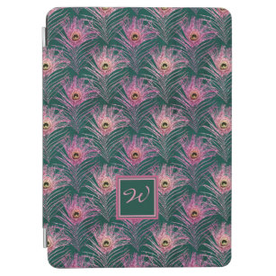 Pink Peacock Feathers and Monogram on Deep Green iPad Air Cover