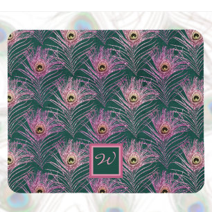 Pink Peacock Feathers and Monogram on Deep Green Mouse Mat