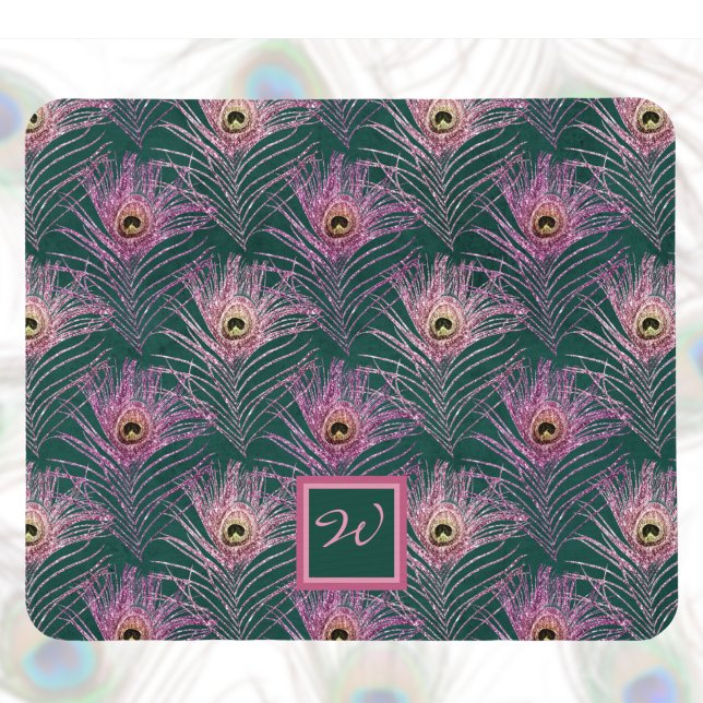 Pink Peacock Feathers and Monogram on Deep Green Mouse Mat (Creator Uploaded)