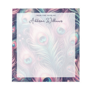 Pink Peacock Feathers Custom Name Notepad