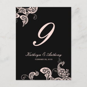 Pink Peacock Floral Paisley Wedding Table Number Postcard
