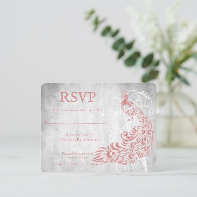 Pink Peacock Leaf Vine Wedding RSVP Card (Standing Front)