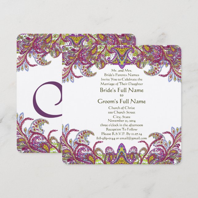 Pink Peacock Paisley Gatsby Wedding Invitation (Front/Back)