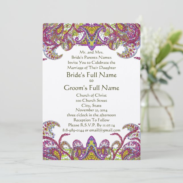 Pink Peacock Paisley Gatsby Wedding Invitation (Standing Front)