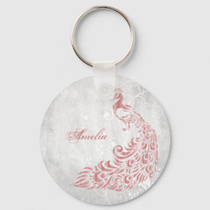 Pink Peacock Personalised Button Keychain